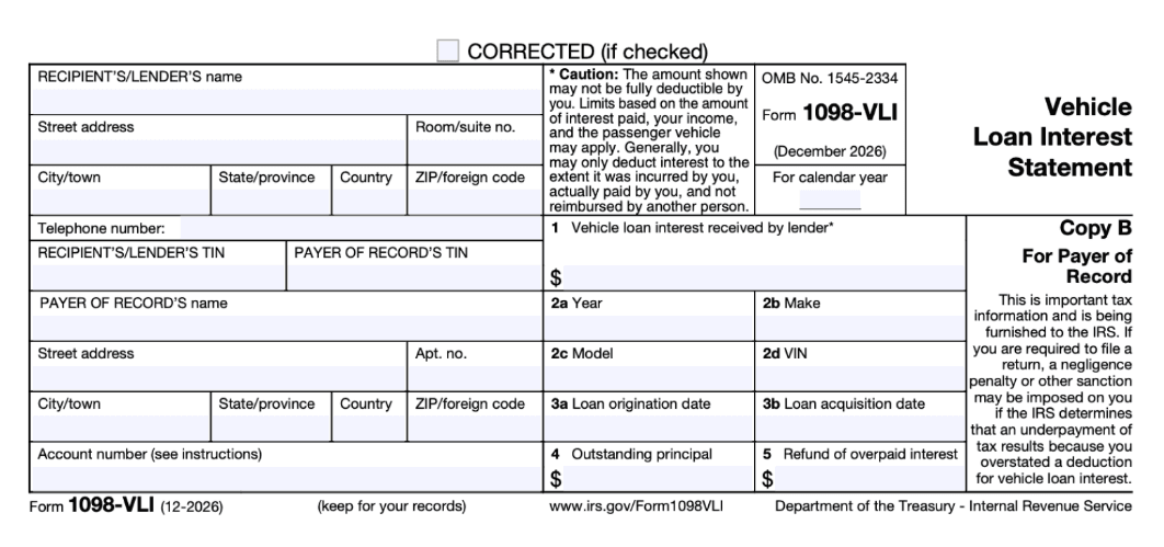 Form 1098-VLI Reporting IRS Form 1098-VLI Vehicle Loan Interest Statement